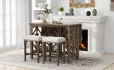 Pub Set Foldable Table with 2 Saddle Stools, TREXM 3-Piece Retro Dining Set, Solid Wood Counter Height, Distressed Brown