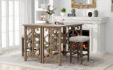 Pub Set Foldable Table with 2 Saddle Stools, TREXM 3-Piece Retro Dining Set, Solid Wood Counter Height, Distressed Brown