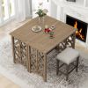 Pub Set Foldable Table with 2 Saddle Stools, TREXM 3-Piece Retro Dining Set, Solid Wood Counter Height, Distressed Brown