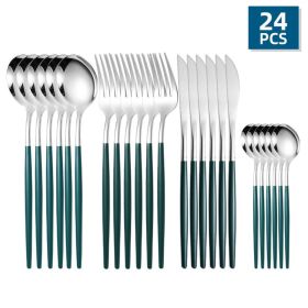 Flatware, 24pcs/Set, Stainless Steel, Portuguese Cutlery; Spoon, Fork, Knife,  Western Cutlery Set, Serves 6 (Color: Silver + Green)