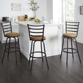 Swivel Barstool, Espresso, 3 Pack,  Adjustable 24" or 29" Bronze Ladder Back Vegan Leather Seat (Color: Tan)